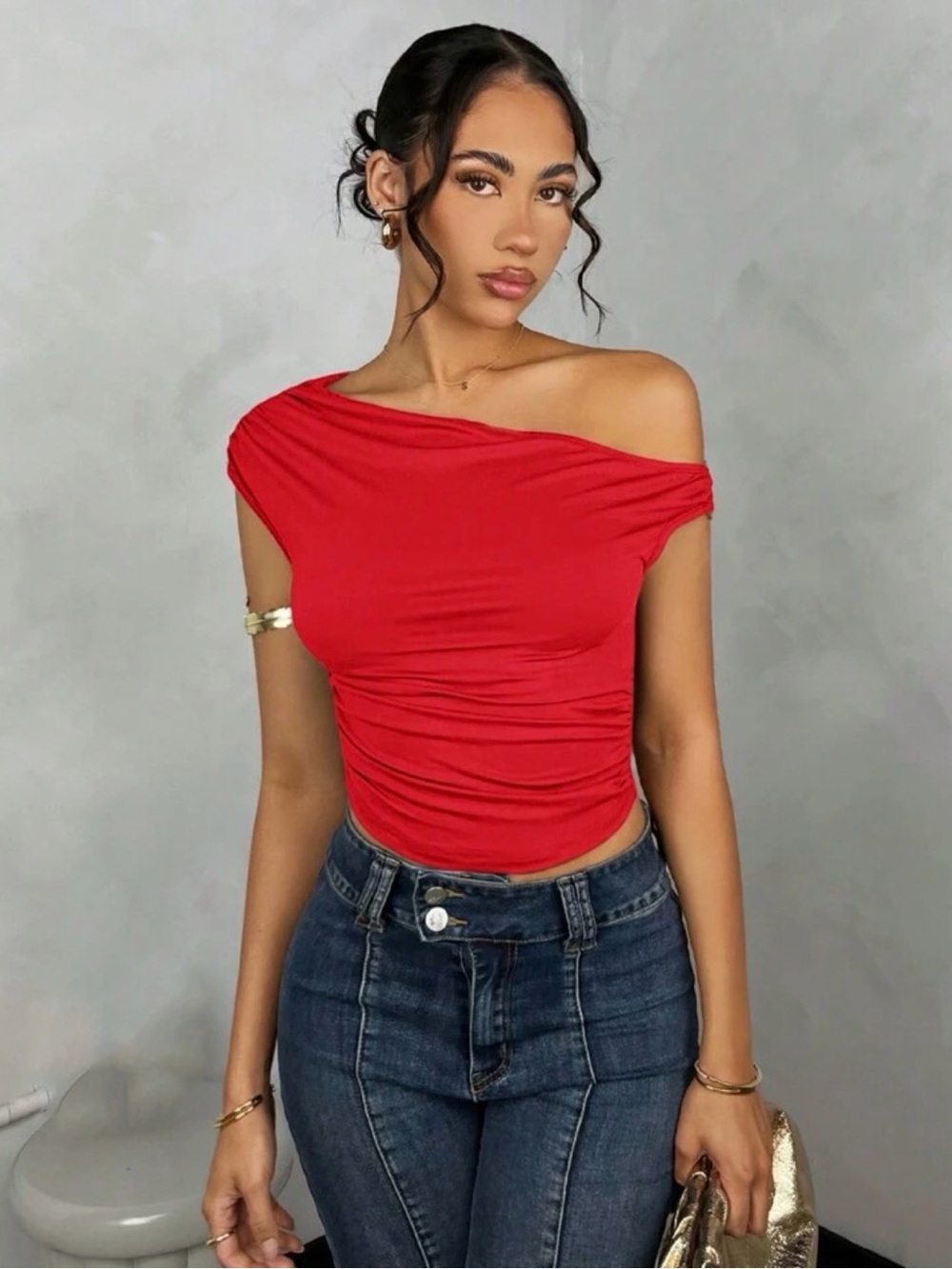 SHEIN Red Off-Shoulder Ruched Crop Top